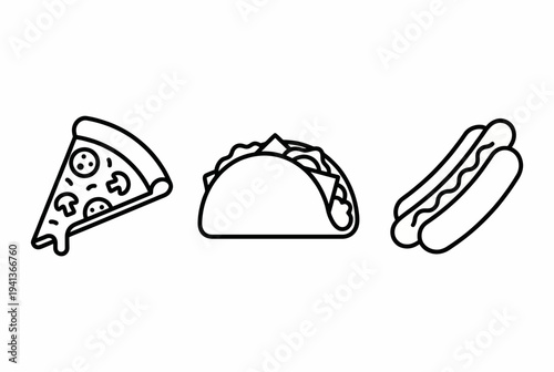 An illustration of three iconic foods: pizza, taco, and hotdog, capturing flavors and culinary diversity. Perfect for food-themed designs and delicious cravings.