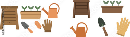 Colorful gardening tools are displayed, including a wooden planter, watering can, gloves, and trowel, ready for planting seedlings in a backyard during spring.