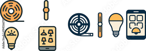 A variety of home lighting elements including a lightbulb, a roll of wire, a smart device, and a design tool are displayed, showcasing modern interior design innovation.