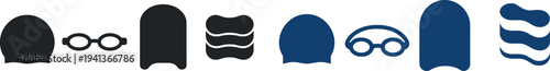 A series of silhouettes showcasing essential swimming gear, featuring a swim cap, goggles, and sponge, commonly used for pool activities and practice.