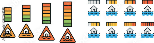 Color-coded flood warning indicators illustrate the progression of flood risk levels, ranging from moderate to high. This visual representation aids in understanding emergency alerts.