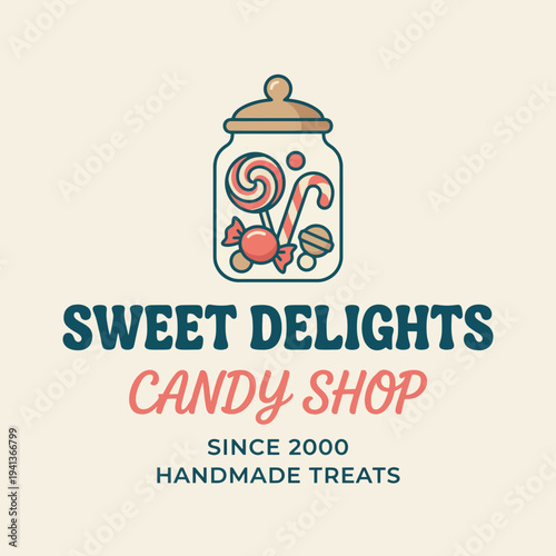 This delightful logo features a jar filled with colorful candies, highlighting the charm and nostalgia of a candy shop known for its handmade sweet treats since 2000.
