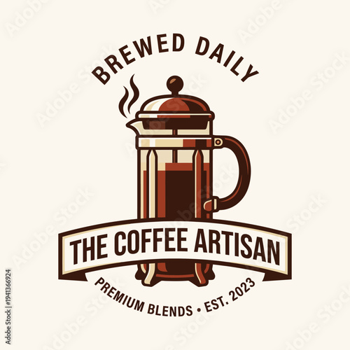 This elegant coffee-themed design showcases a French press alongside steam, representing daily brewed artisan coffee with a vintage touch and fine craftsmanship.