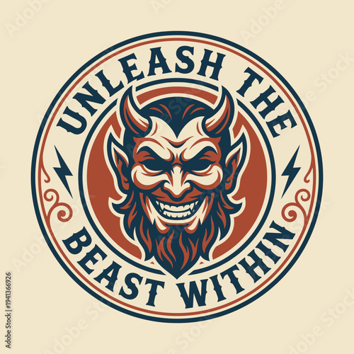 This striking design features a devilish character with a sinister smile, symbolizing the release of primal instincts and inner strength in a bold artistic style.