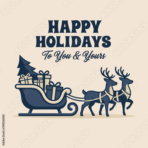 This cheerful holiday design features a sleigh pulled by reindeer, beautifully combining festive elements to wish everyone a joyful and warm holiday season.