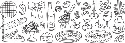 Italian cuisine line art illustration set with wine pasta bread and cooking ingredients sketch