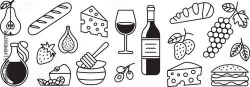 Hand drawn food and drink line art illustration set with wine bread cheese burger