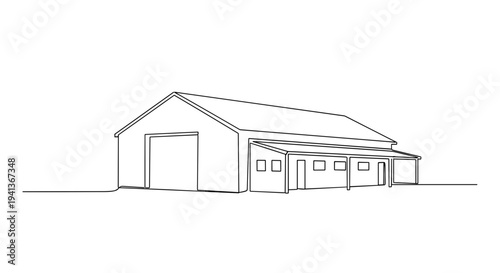 Warehouse building exterior line art on white background