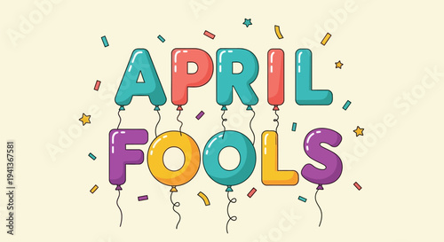 Colorful april fools' day celebration with balloons and confetti on a light background