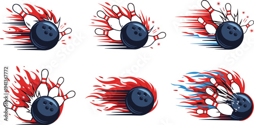Bowling strike logos set featuring a bowling ball hitting pins with fire flames and speed motion effects isolated on white background.