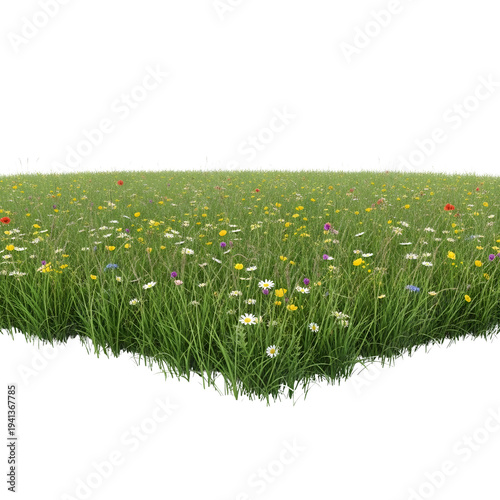 Wide Green Meadow Grass with Wildflowers Isolated on White Background