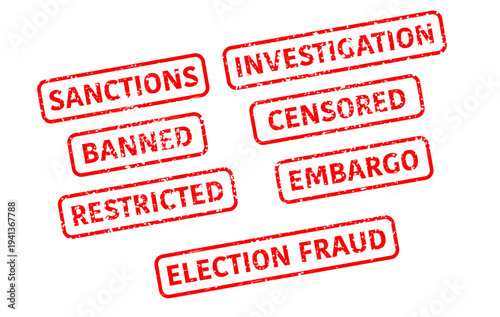 English Legal Government Stamps Set - Sanctions Investigation Censored Banned Restricted Embargo Election Fraud Rubber Stamp Effects