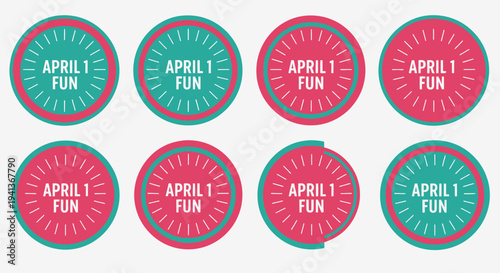 Colorful april fools' day stickers with 'april 1 fun' text on red and green backgrounds