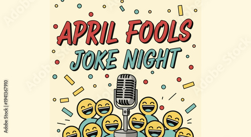 Vibrant april fools' joke night illustration with laughing emojis and microphone on stage
