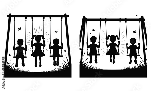 Children silhouettes on swings with birds on white background Keywords: children, kids, playing