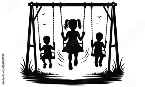 Girl on swing with children on swings silhouette on white background Keywords: girl, boy