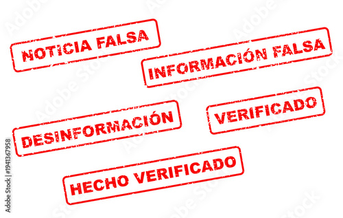 Spanish Misinformation Stamps Set - Fake News Disinformation Verified Fact Check Rubber Stamp Effects