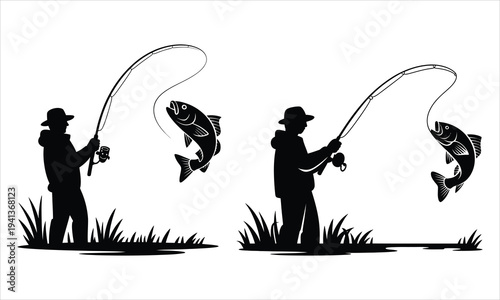 Two fishermen silhouettes with jumping fish on white background Keywords: fishing, fishermen