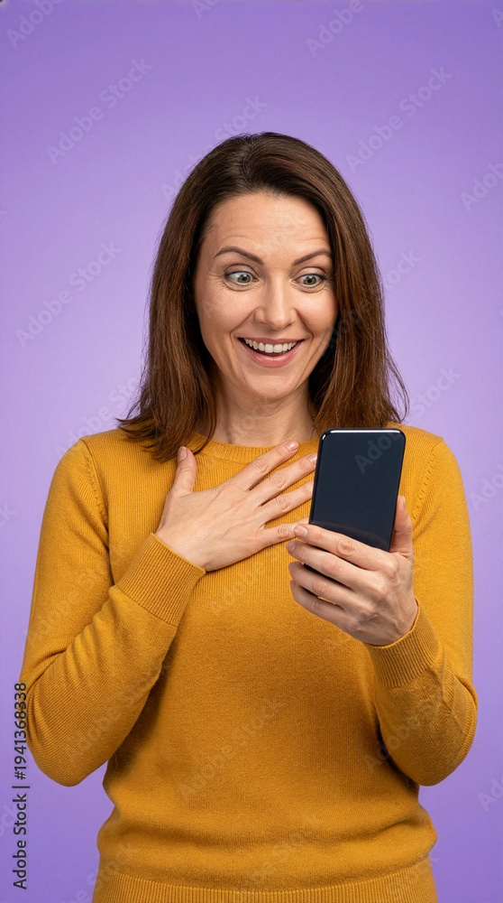 Fototapeta premium Excited woman looking at phone with hand on chest