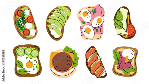 Colorful hand drawn breakfast toast collection with avocado, eggs, salmon, ham, cheese, vegetables and spreads. Playful modern illustration capturing fresh ingredients, cozy brunch mood and trendy ope