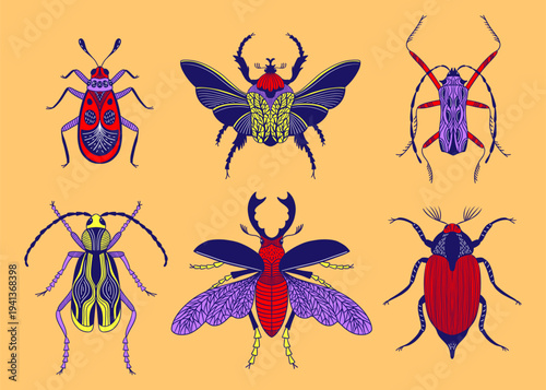 Decorative collection of stylized beetles and insects rendered in bold flat colors with intricate line details. Symmetrical shapes, graphic wings and ornamental textures create a modern folk inspired 