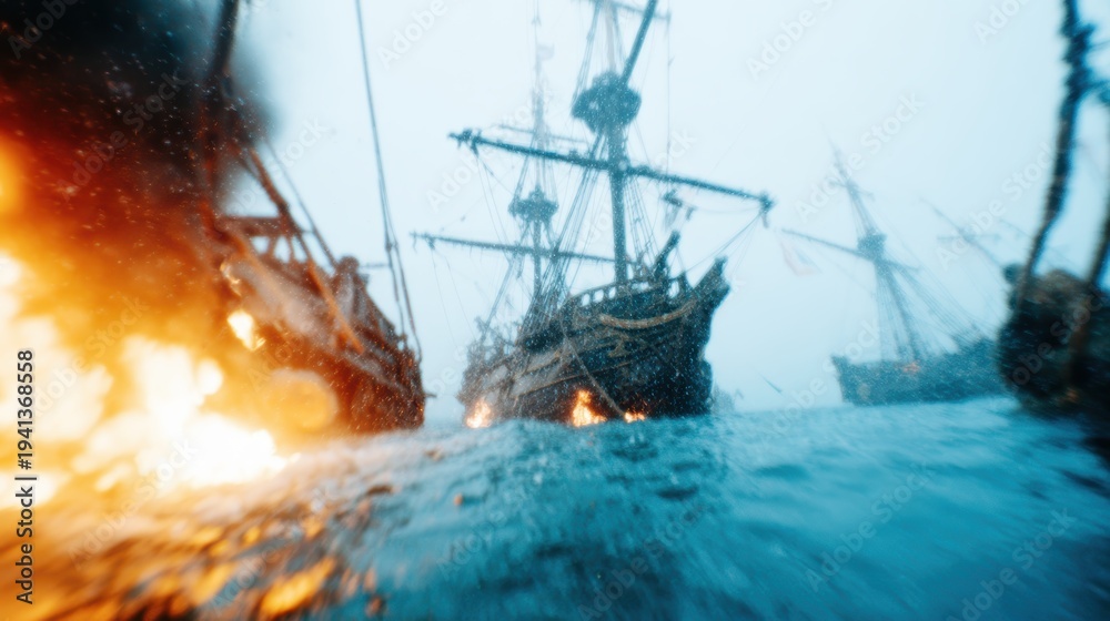 Obraz premium An intense visual of ships caught in a stormy battle, surrounded by flames and water, evoking feelings of chaos and drama in a historical maritime setting.