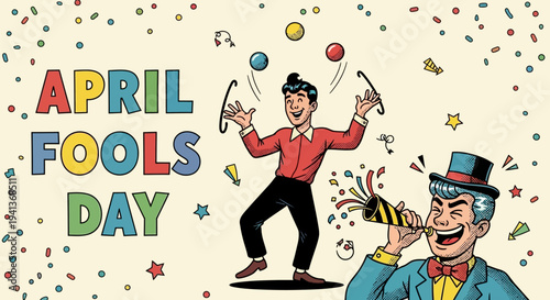 Two cartoon men celebrating april fool's day with confetti and party horn on beige background