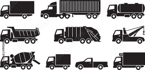Collection of Various Truck Silhouettes Heavy-Duty, Commercial, and Specialized Vehicles for Transport and Logistics