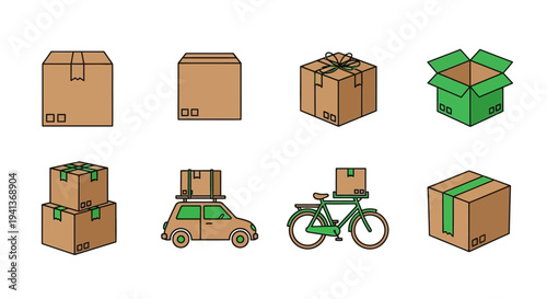 A collection of eight brown and green icons depicting packages and delivery methods