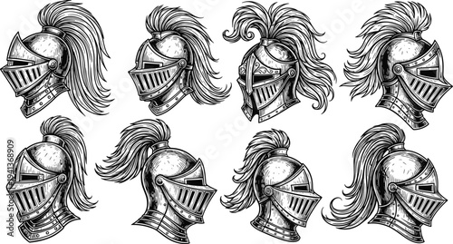 Set of medieval knight helmets with plumes hand drawn black and white sketch style vector illustration isolated on white background.