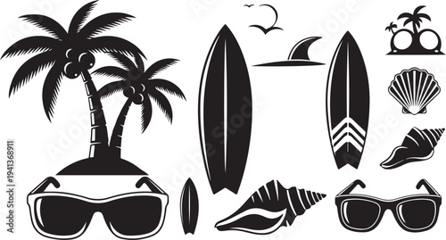 Black and white beach icons with surfboards and sunglasses