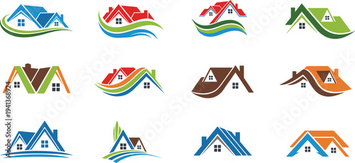Set of modern real estate and house construction logo emblems featuring rooftops and buildings with colorful wave elements.