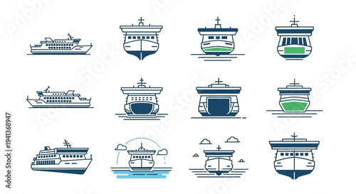 Collection of ferry and ship line icons in side and front views
