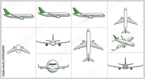 Collection of twelve airplane views in grid layout white background