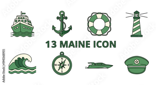 Collection of green and beige nautical icons arranged in two rows