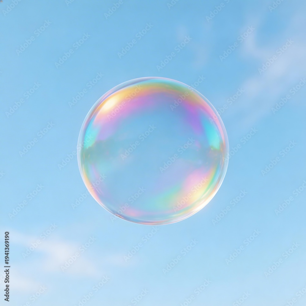 Fototapeta premium A delicate iridescent soap bubble floats gracefully against a soft blue sky