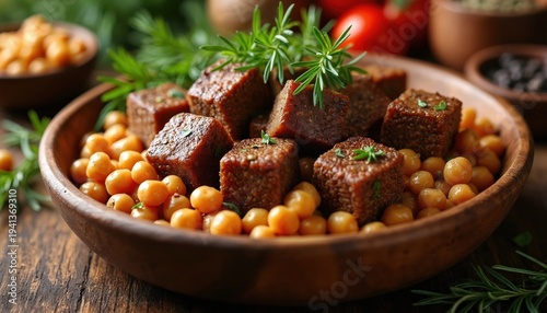 Vegan protein cubes with chickpeas and rosemary served in wooden bowl. Healthy plant-based meal presented on rustic table. Closeup shot of delicious meat alternative.