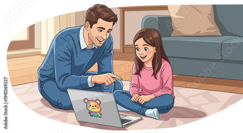 Father and Daughter Using Laptop Together on Floor at Home