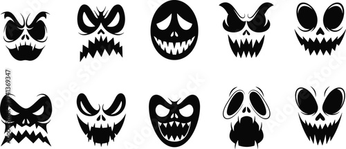 Set of scary Halloween pumpkin face silhouettes with various creepy expressions and sharp teeth isolated on white background.