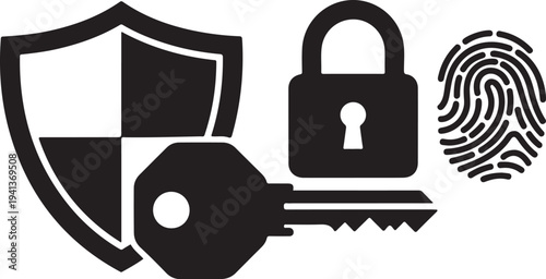 Security and Protection Icons with Shield, Lock, Key, Fingerprint
