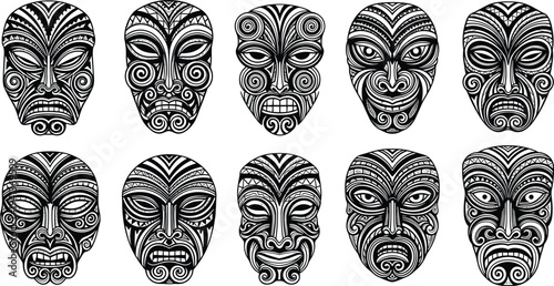 Set of tribal tiki mask silhouettes with intricate traditional patterns and fierce expressions in black and white hand drawn style.