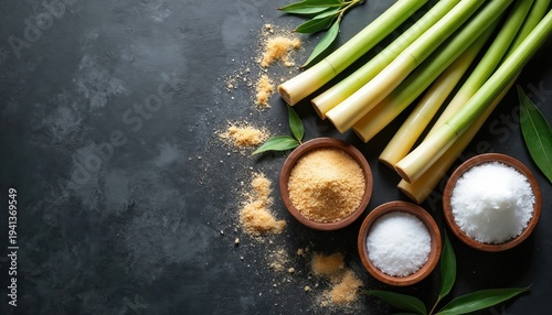Fresh sugarcane stalks next to bowls of granulated white and brown sugar on dark stone surface. Natural ingredients for sweetening food and drinks.