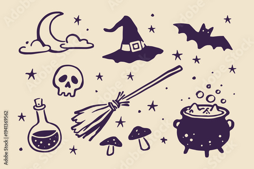 Halloween magic symbols set doodle vector illustration