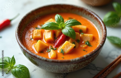 Creamy Thai coconut curry in a bowl with vegetables like yellow squash and red chili. Garnished with fresh basil leaves and parsley. Served with chopsticks on a marble surface.