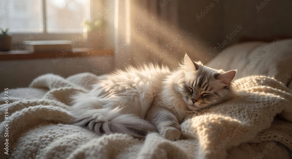 Obraz premium fluffy cat sleeping in sunlit room