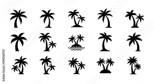 Minimalist flat vector illustration set of palm tree silhouettes arranged in a clean grid layout.
