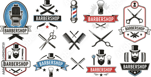Set of vintage barbershop logos and emblems featuring scissors razors barber pole and a bearded gentleman.