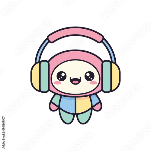 Cute cartoon character wearing headphones smiling.