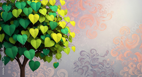 Tree with green and yellow heart-shaped leaves, representing love, growth, nature, and the concept of a Valentine's Day tree against an ornamental background