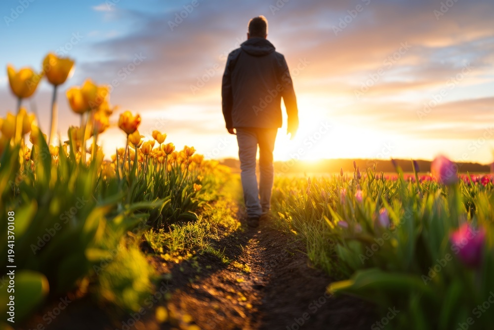 Fototapeta premium Endless Fields of Dutch Tulips at Sunrise with Back View of Person Walking Through Blooms